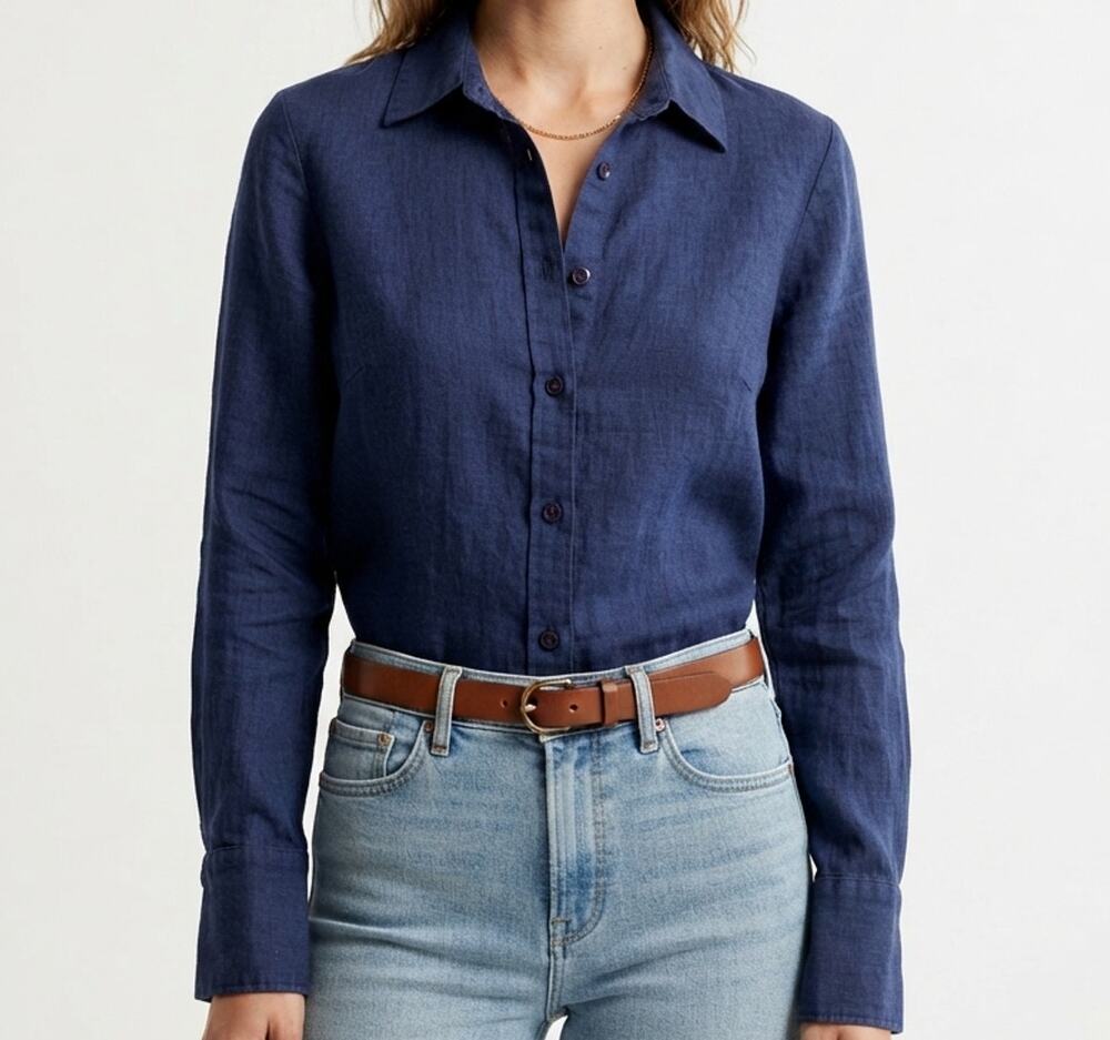 RALSEY Women's Blue 100% Linen Long Sleeve Button Down Shirt Size Small Classic